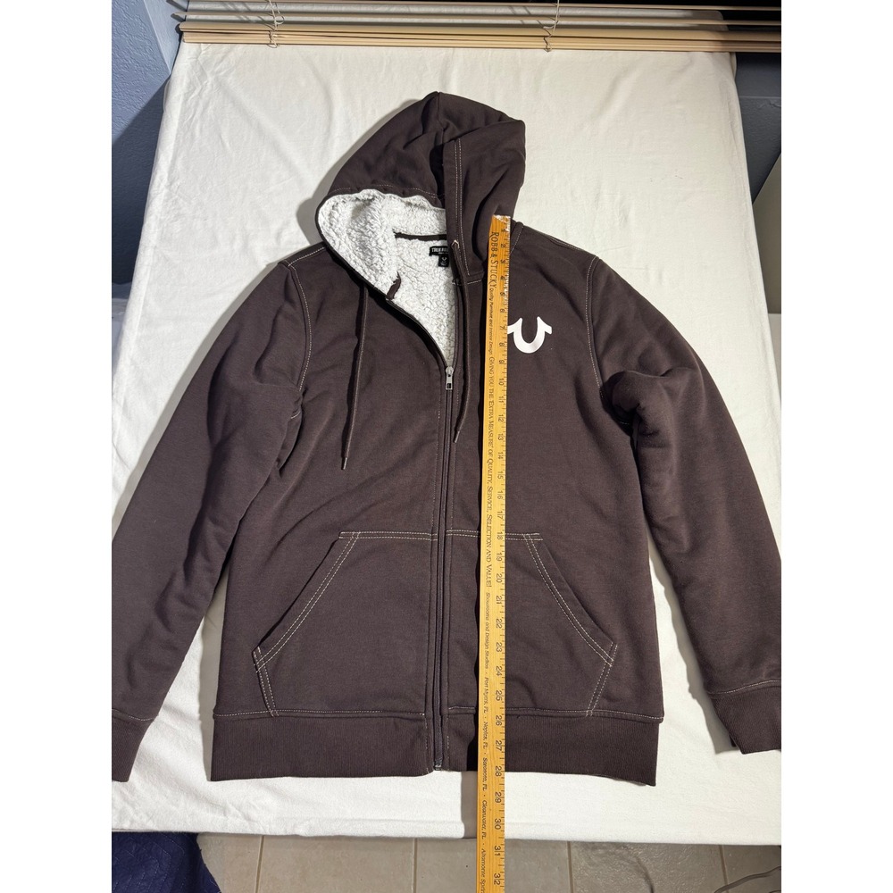 True Religion Mens Sherpa Lined Full Zip Hoodie Brown Horseshoe Logo Small